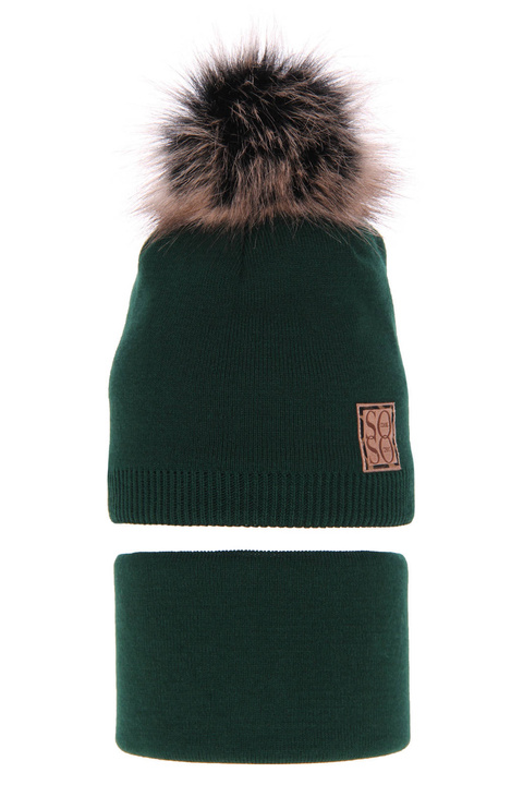 Flicka vinter set: mössa och tubhalsduk, grön, med pompom, Apolinka