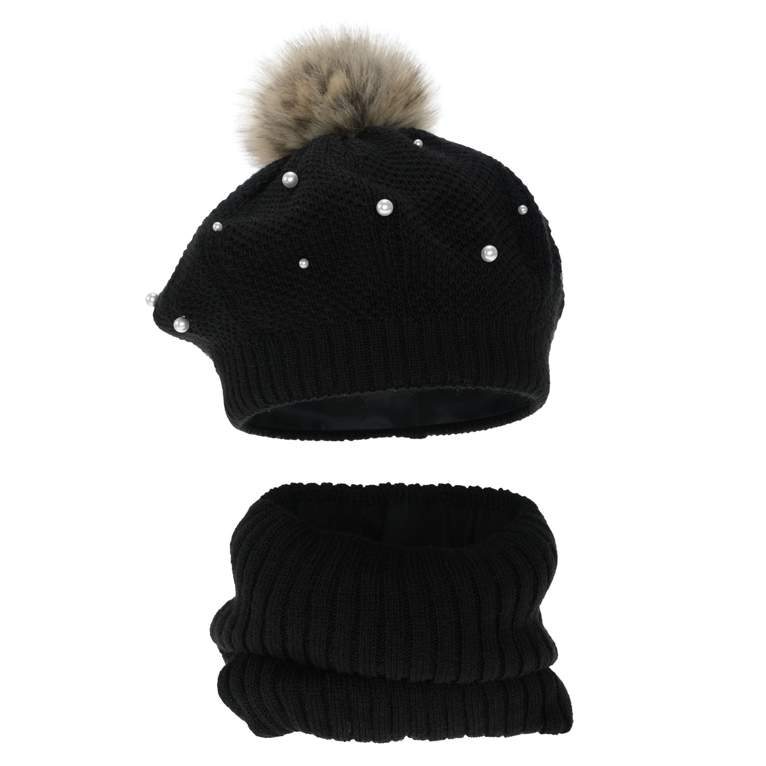 Flicka vinter set: beret och tubhalsduk, kremfärgad, fodrad med fleece, med pompom, Jeanette