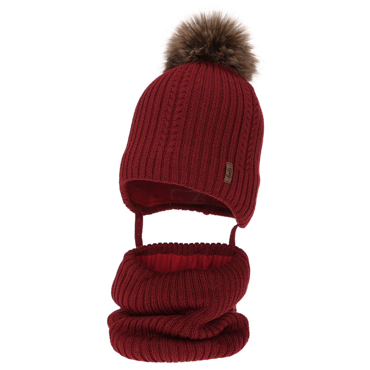 Pojke vinter set: mössa och tubhalsduk, bordeaux, med merinull, med knytband, Zongo