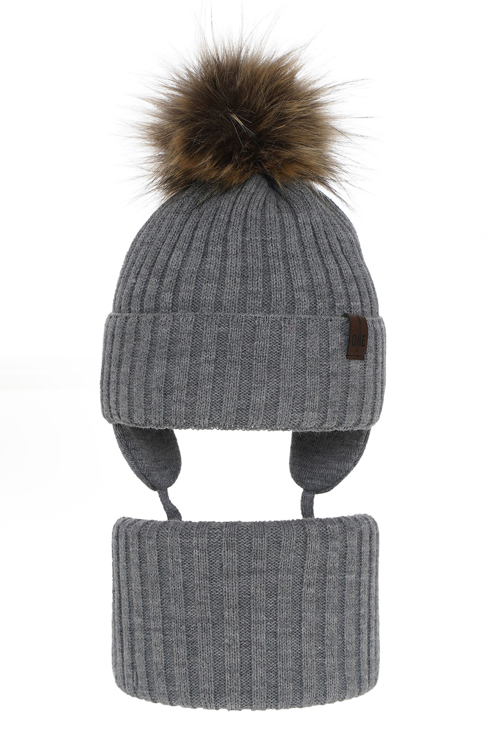 Pojke vinter set: mössa och halsduk, grå, med pompom, med knytband, Puzel