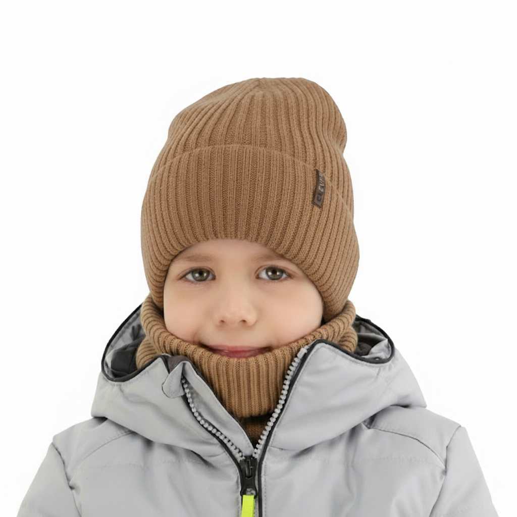 Pojke vinter set: mössa och halsduk, camel, 100% Merino Ull, Gizmo