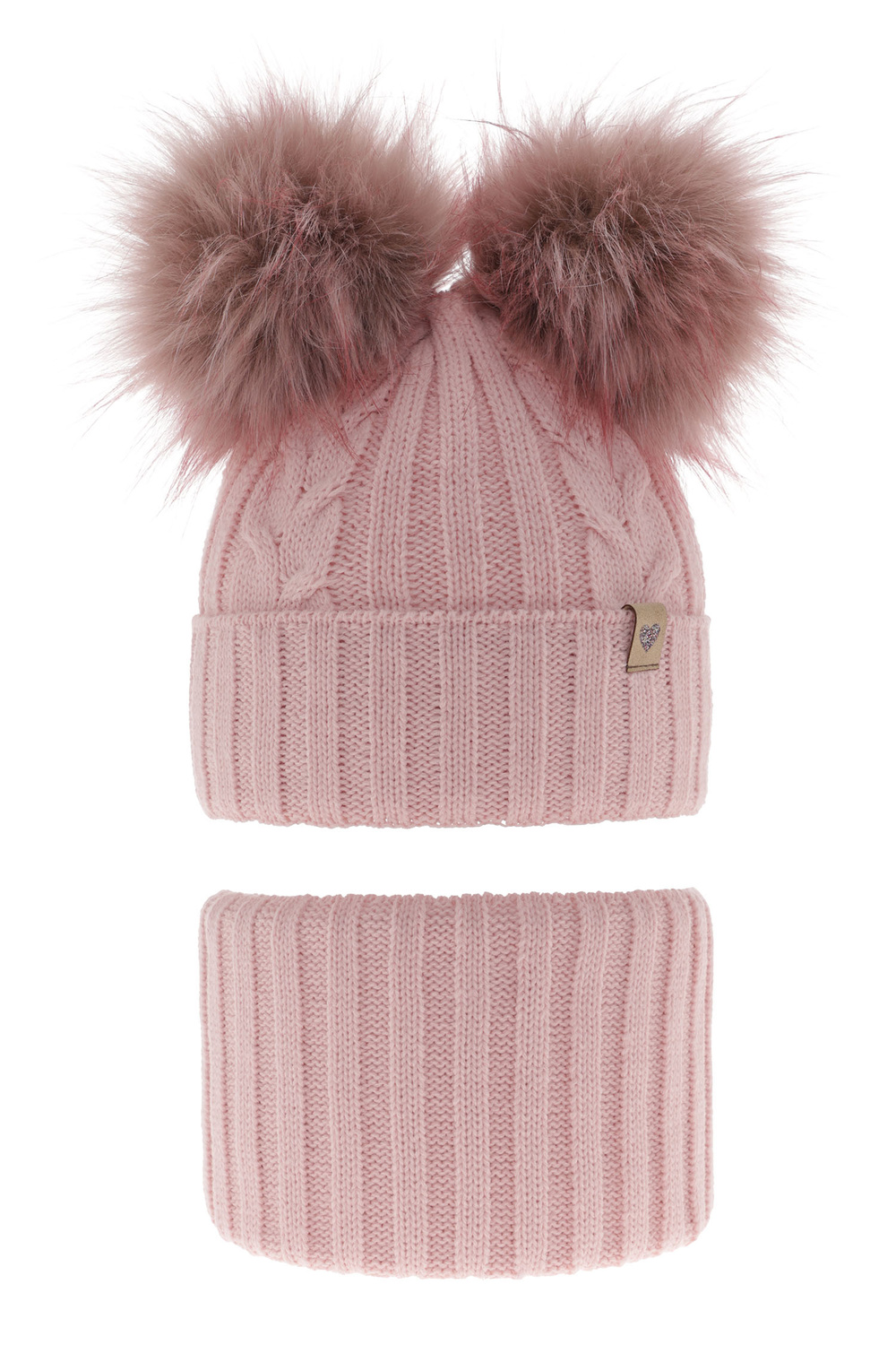 Flicka vinter set: mössa och halsduk, rosa, med två pompommar, Amala