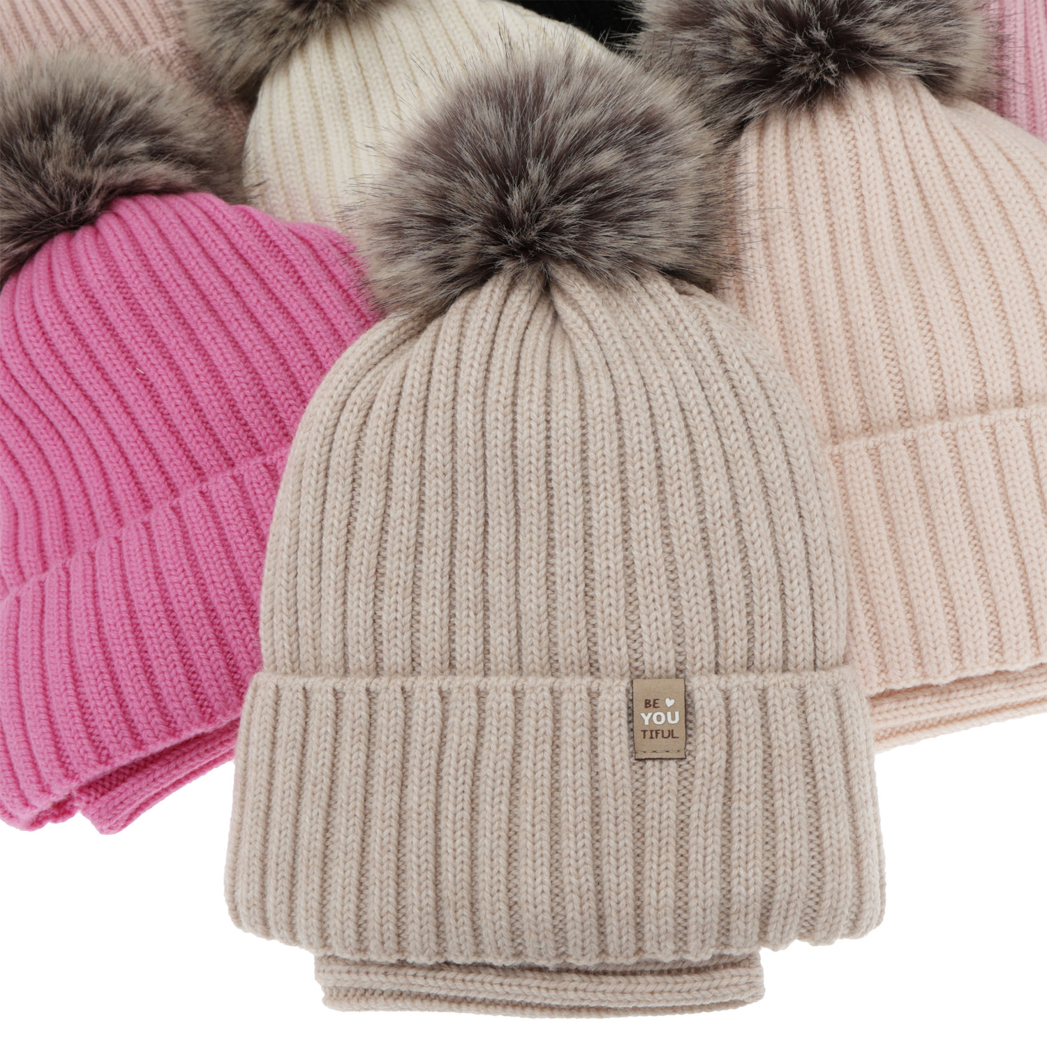 Flicka vinter set: mössa och tubhalsduk, rosa, 100% Merino Ull, fodrad med bomull, med pompom, Terida