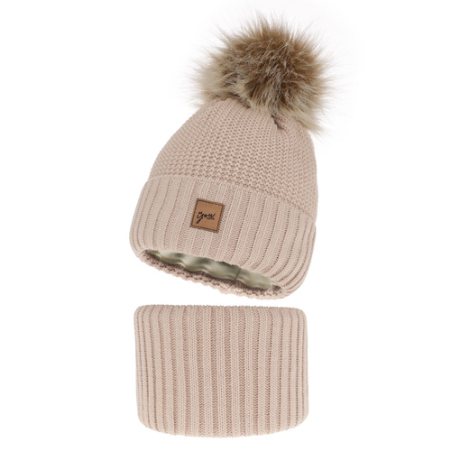Flicka vinter set: mössa och tubhalsduk, beige, med pompom, Juliette
