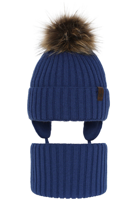 Pojke vinter set: mössa och tubhalsduk, blå, med pompom, Puzel