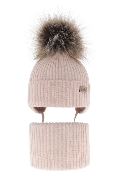 Flicka vinter set: mössa och halsduk, ljusrosa, med pompom, knytband, Bria