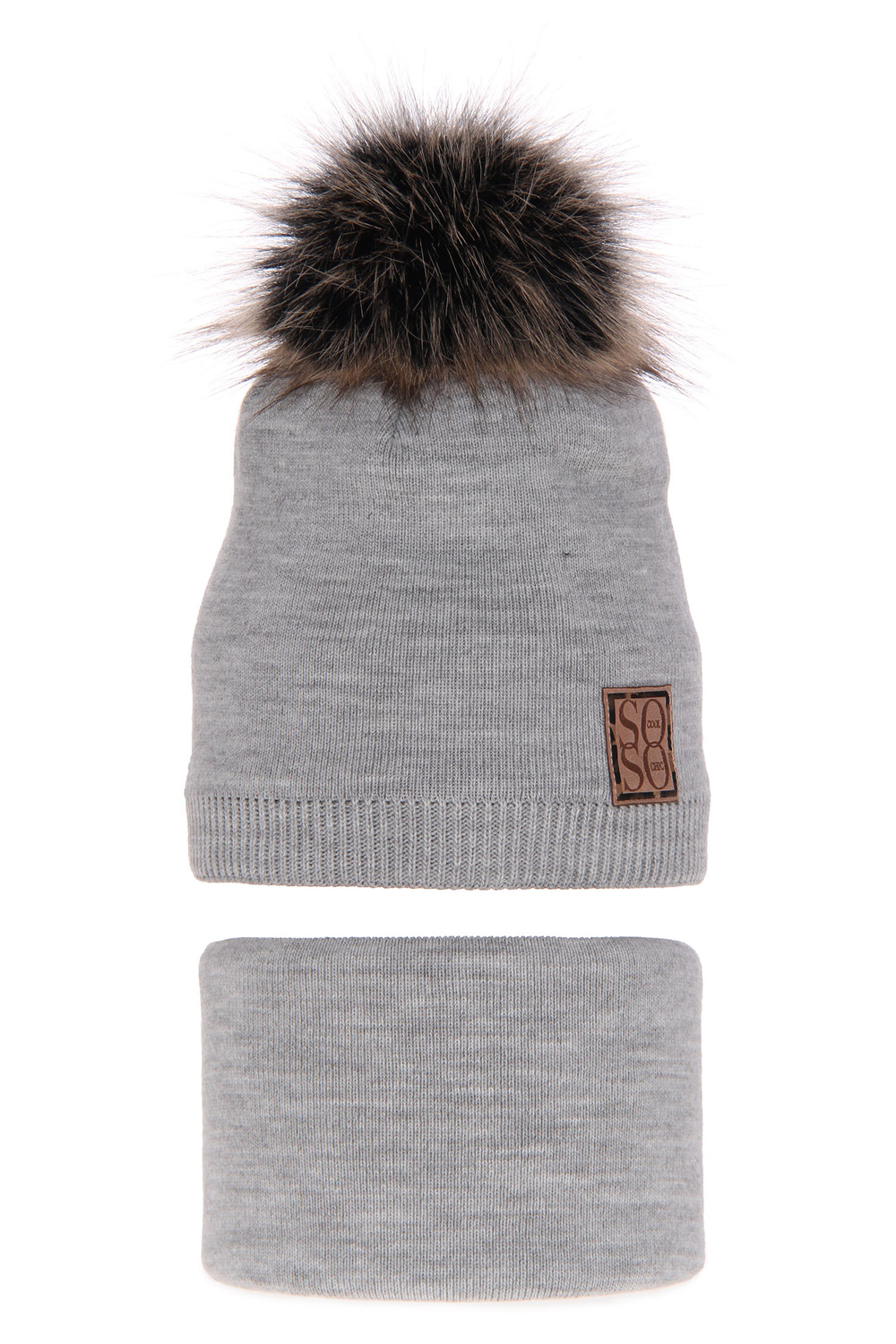 Flicka vinter set: mössa och halsduk, grå, med pompom, Apolinka