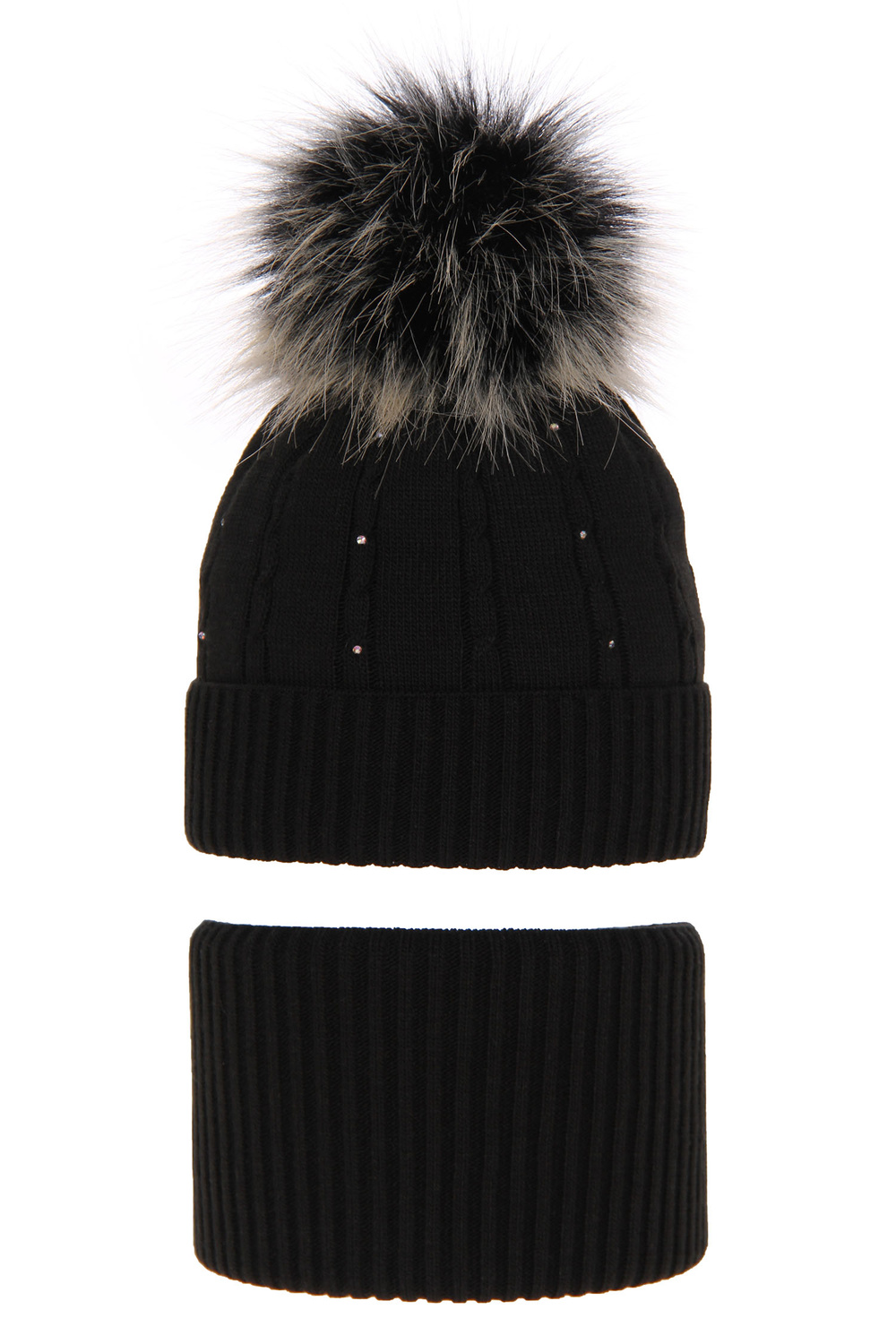 Flicka vinter set: mössa och halsduk, svart, med pompom, Lawa