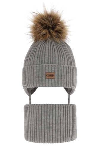 Pojke vinter set: mössa och halsduk, grå, med pompom, Eger