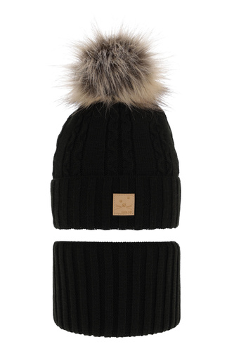 Flicka vinter set: mössa och halsduk, svart, med pompom, Alexia