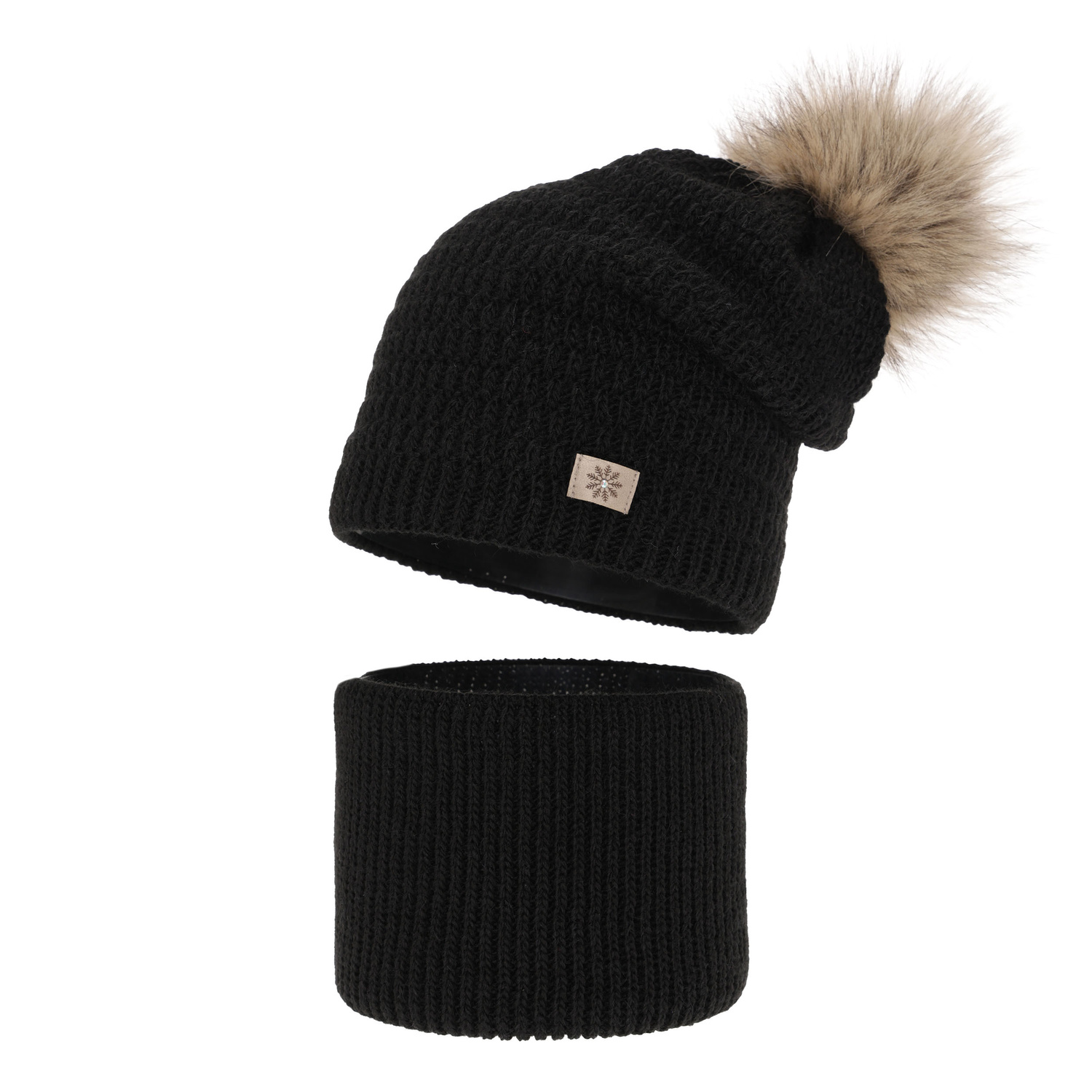 Flicka vinter set: mössa och tubhalsduk, svart, med pompom, Germina