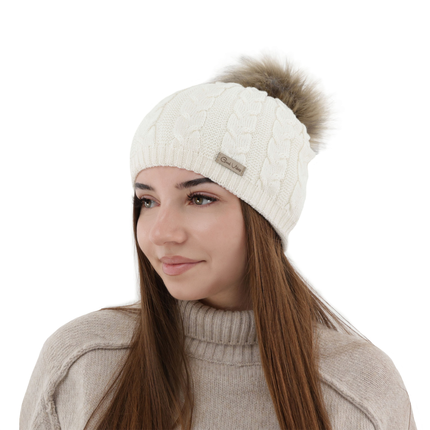 Dam vintermössa, beige, med merinull, Bafi