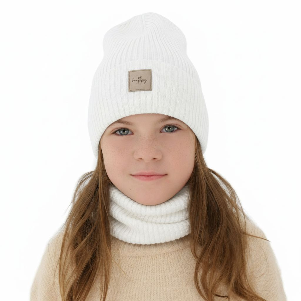 Flicka höst/vår set: mössa och tubhalsduk, vit, 100% Merino Ull, Vanita