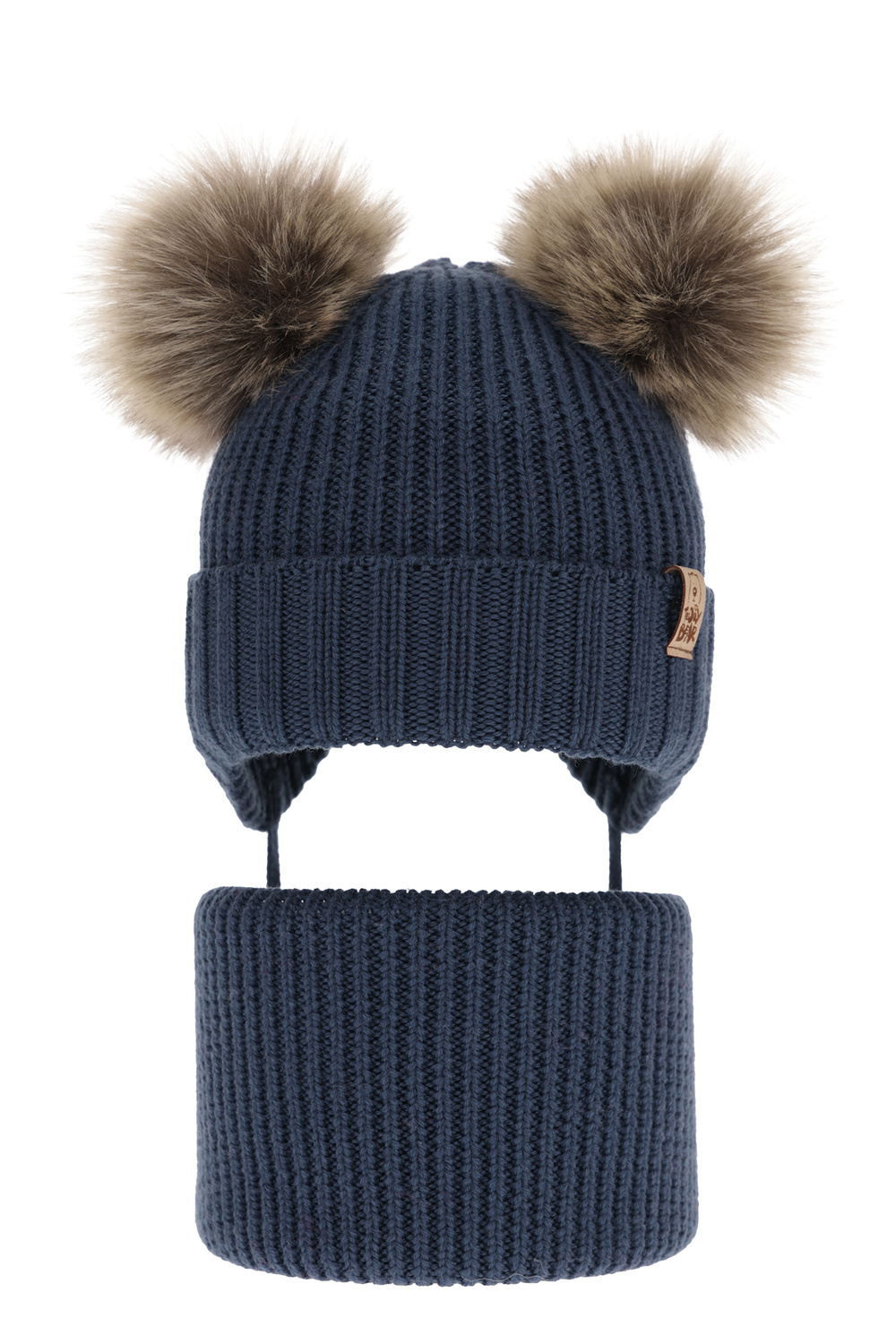 Pojke vinter set: mössa och tubhalsduk, marinblå, med knytband, 100% Merino Ull, Konor