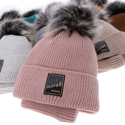 Flicka vinter set: mössa och halsduk, brun, med pompom, Sycylia