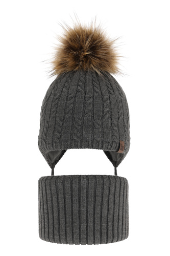 Pojke vinter set: mössa och halsduk, grå, med pompom, knuten, Indigo