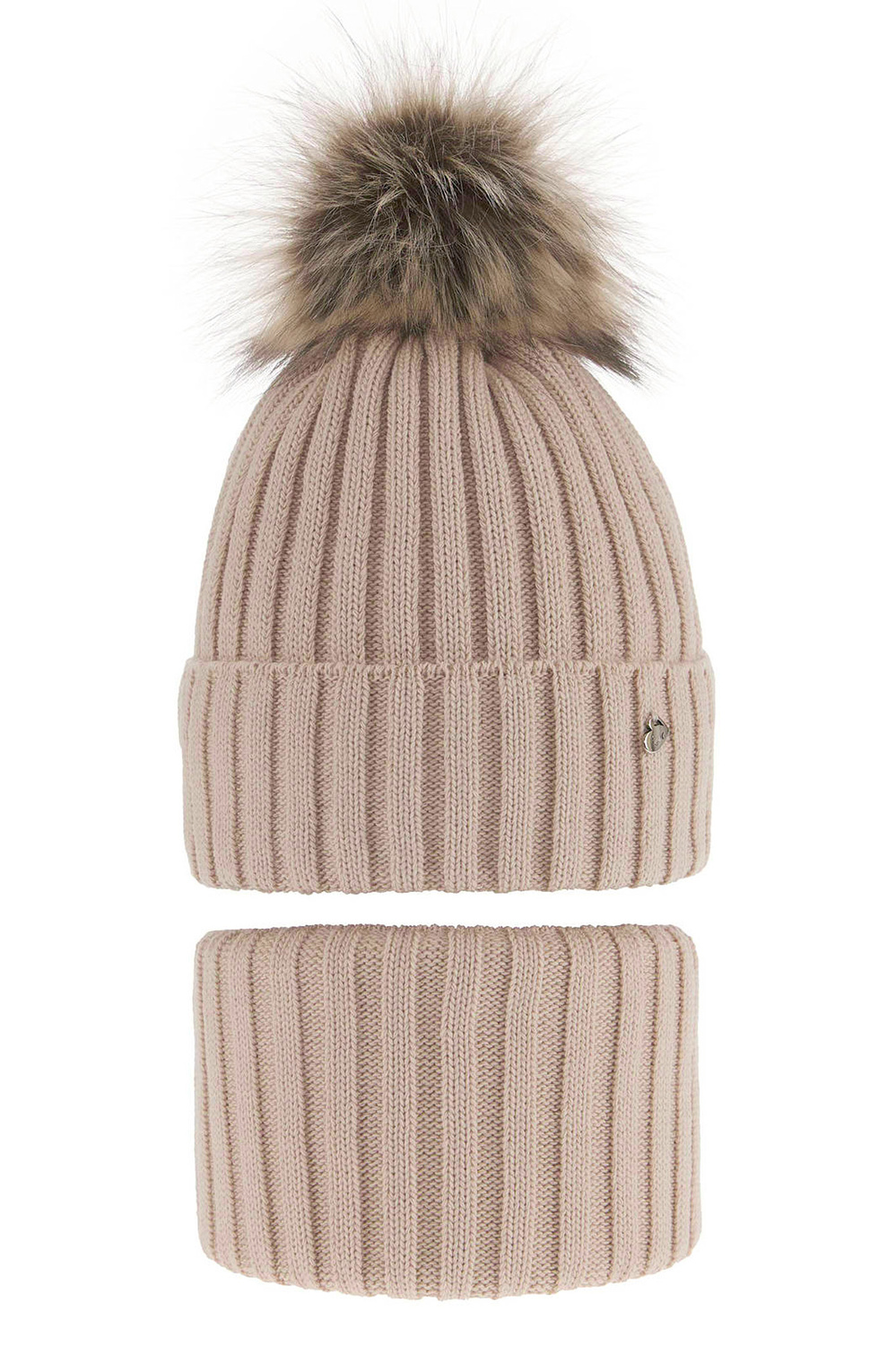 Flicka vinter set: mössa och halsduk, beige, med pompom, Wilma