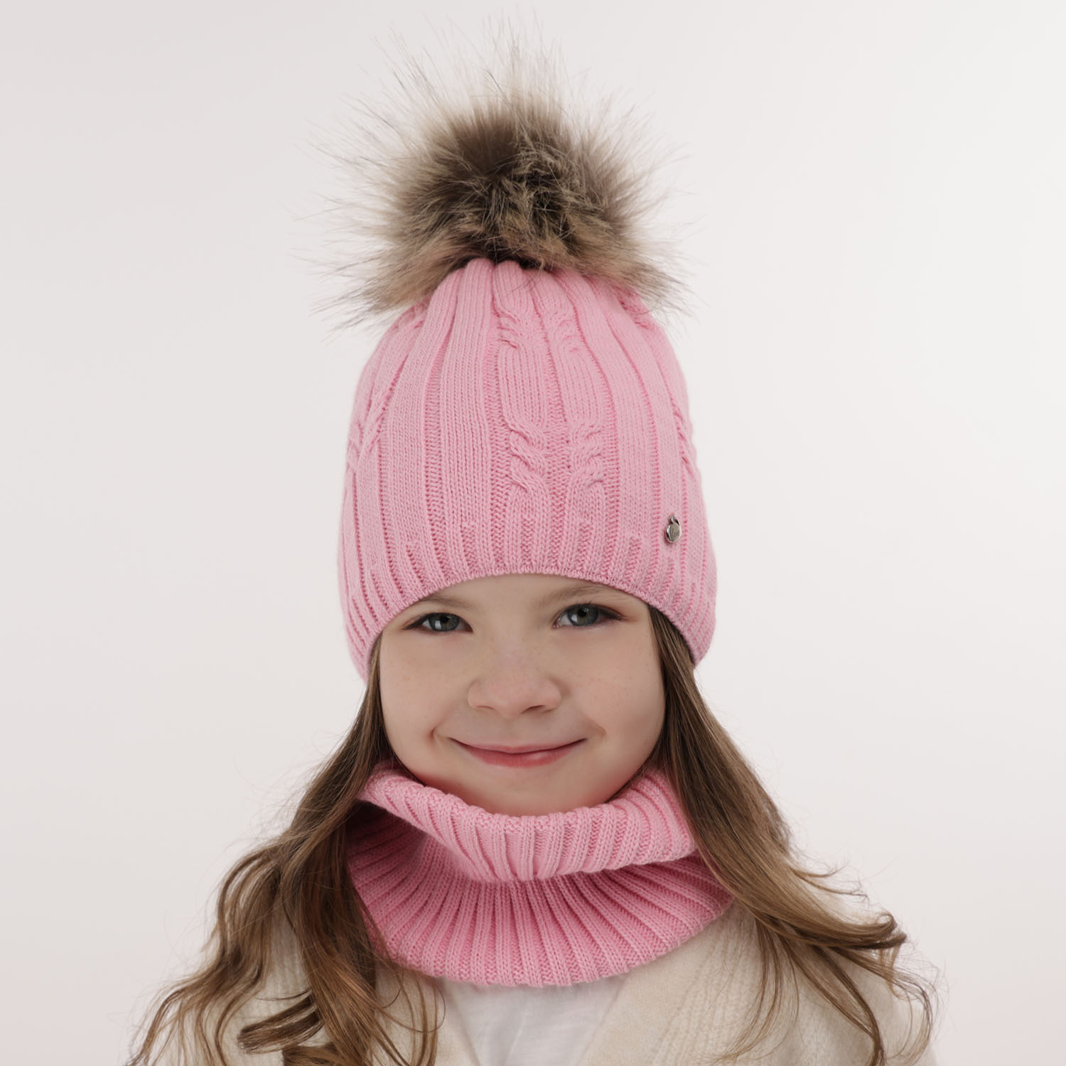 Flicka vinter set: mössa och halsduk, rosa, med pompom, Amaltea