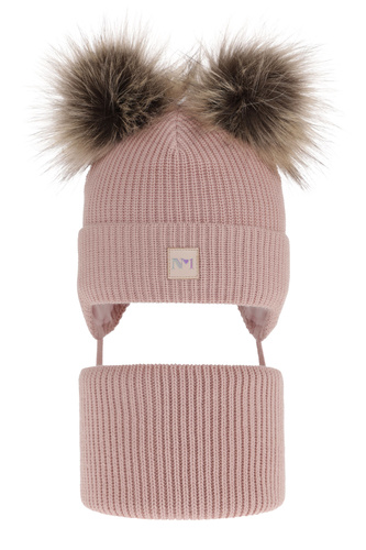 Flicka vinter set: mössa och halsduk, rosa, med två pompommar, wiązany Kiara