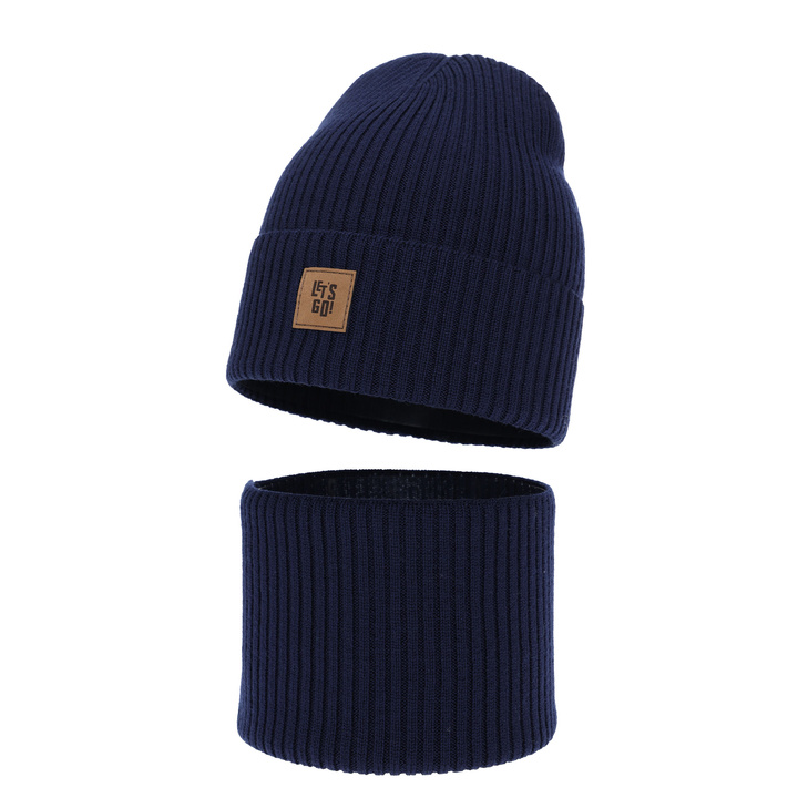 Pojke höst/vår set: mössa och halsduk, granatblå, 100% Merino Ull, Vanto
