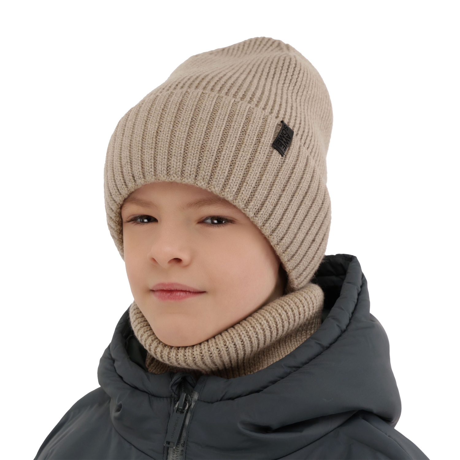 Pojke vinter set: mössa och tubhalsduk, 100% Merino Ull, fodrad med merinull, camel Harbin