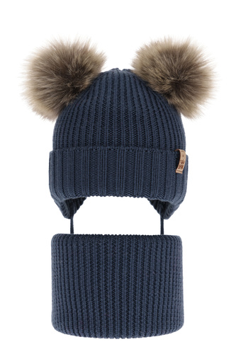 Pojke vinter set: mössa och tubhalsduk, marinblå, med knytband, 100% Merino Ull, Konor