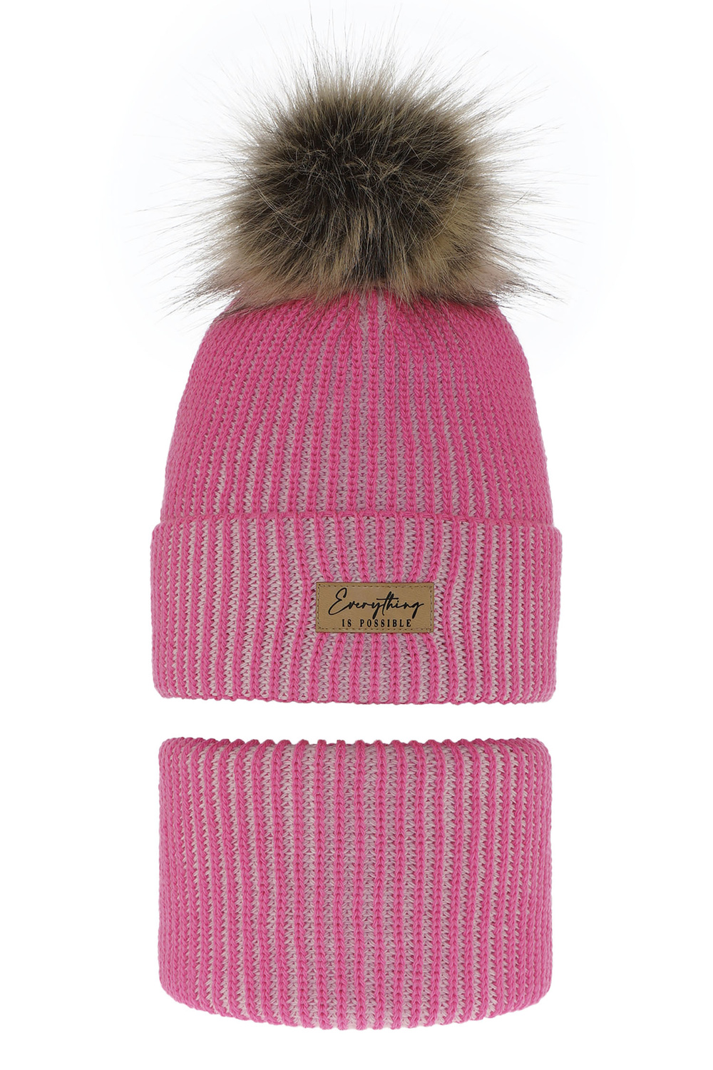 Flicka vinter set: mössa och halsduk, rosa, med pompom, Floryda