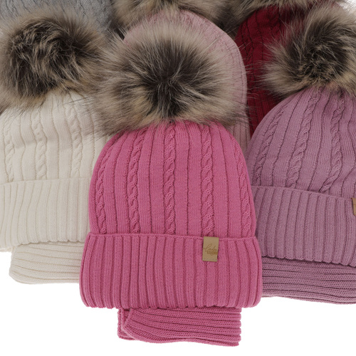Flicka vinter set: mössa och halsduk, rosa, med merinull, Mirabel