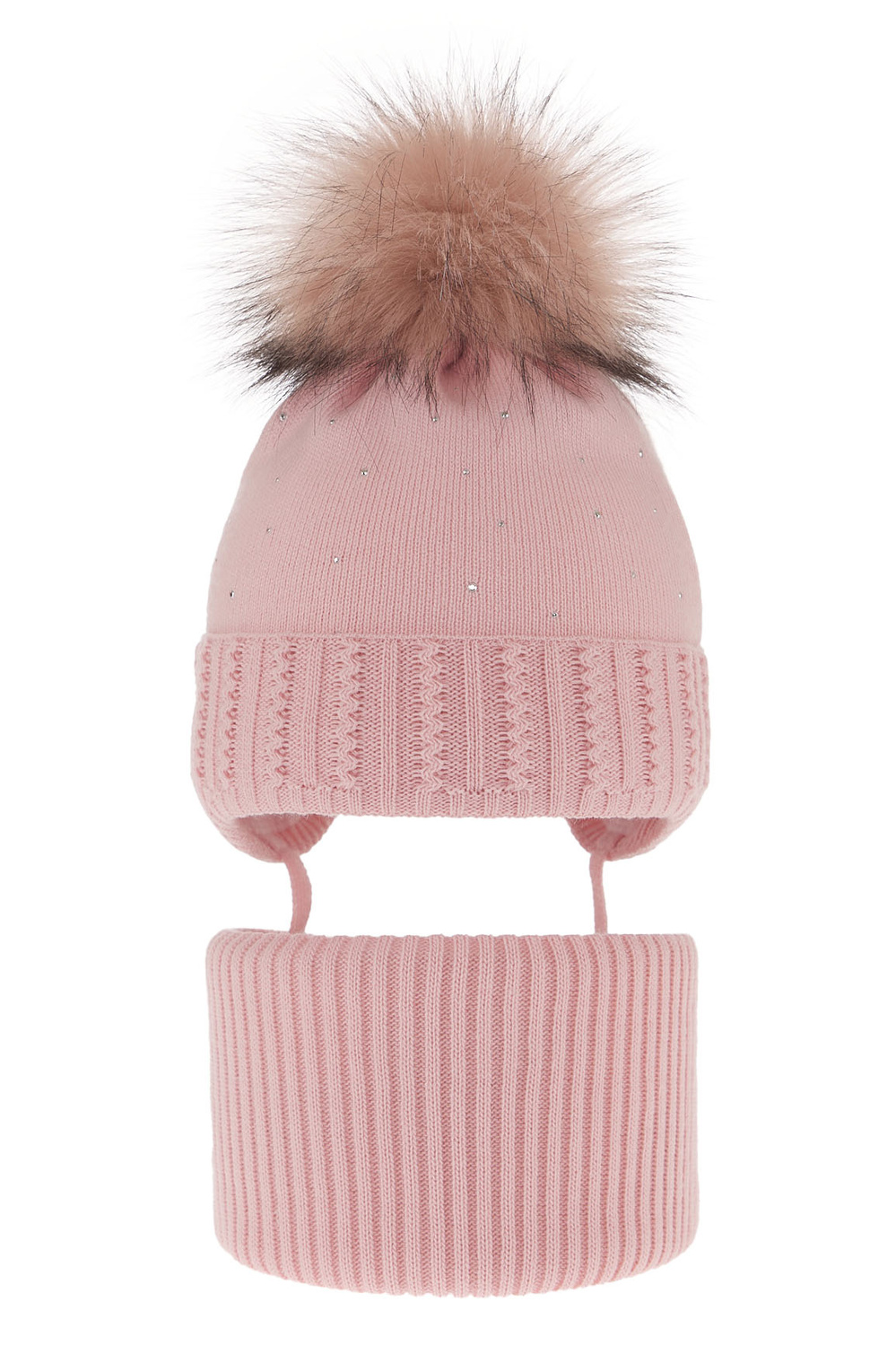 Flicka vinter set: mössa och tubhalsduk, rosa, med knytband, med pompom, Renia
