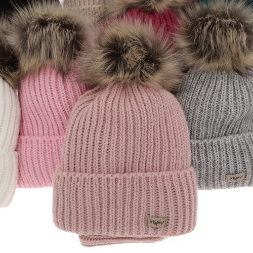 Flicka vinter set: mössa och halsduk, rosa, med pompom, Willow
