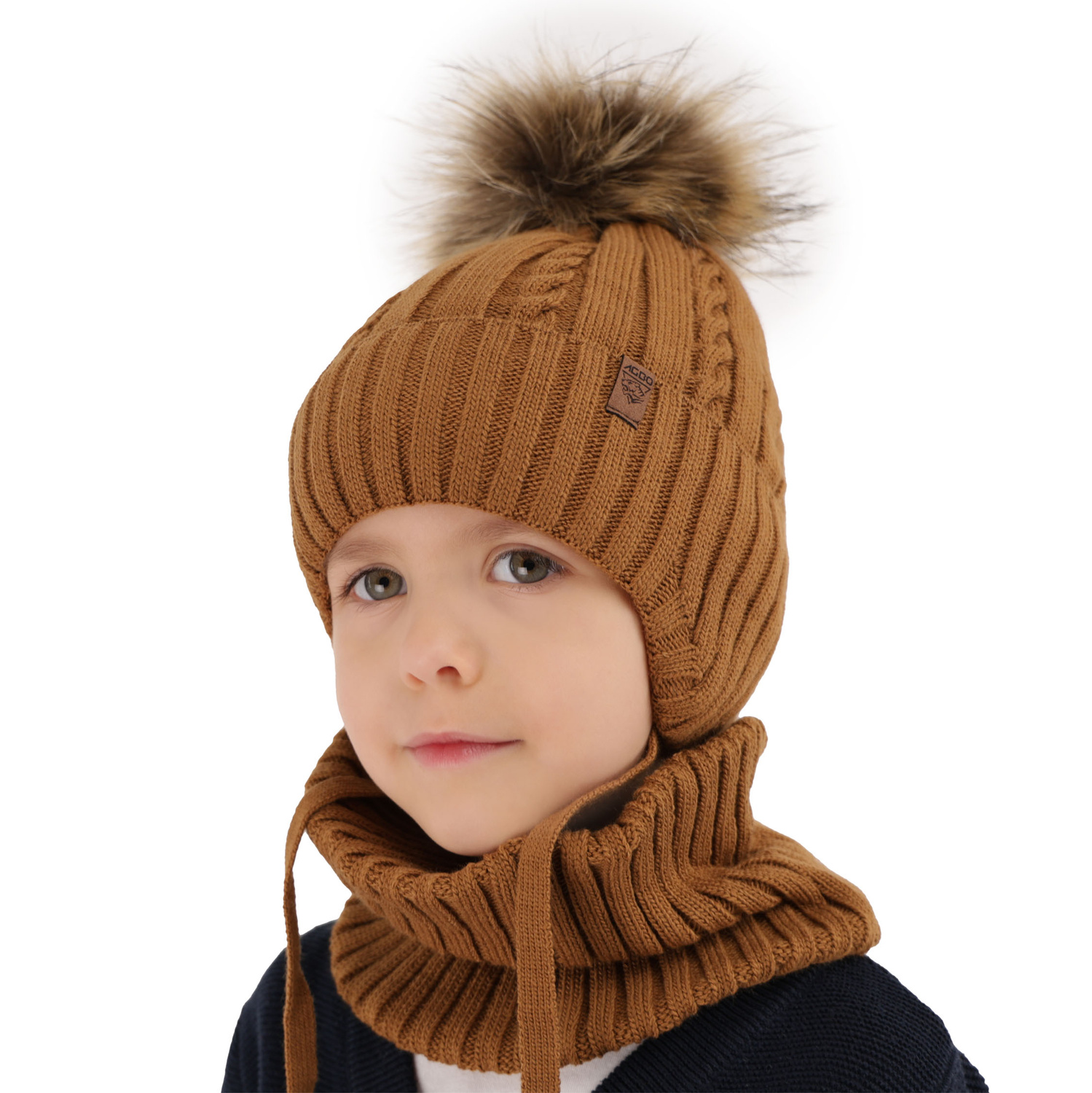 Pojke vinter set: mössa och tubhalsduk, camel, med pompom, Peter