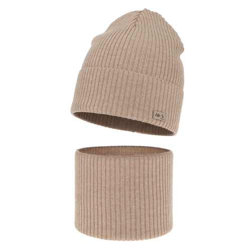 Flicka höst/vår set: mössa och tubhalsduk, gråbrun, 100% Merino Ull, Itra