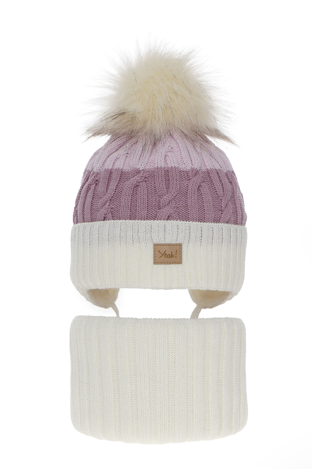 Flicka vinter set: mössa och tubhalsduk, krem, med pompom, Riviera