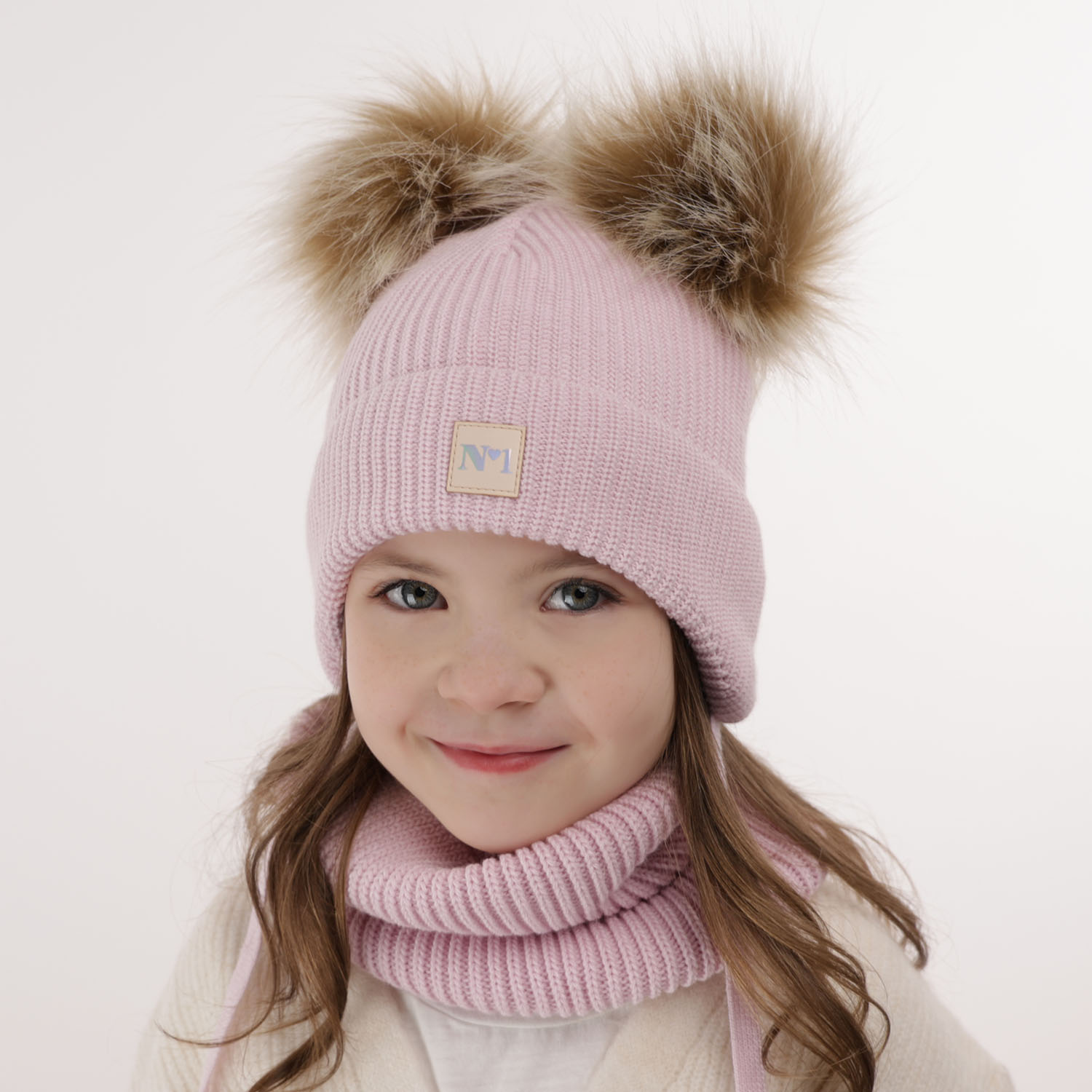 Flicka vinter set: mössa och halsduk, lila, med två pompommar, Kiara