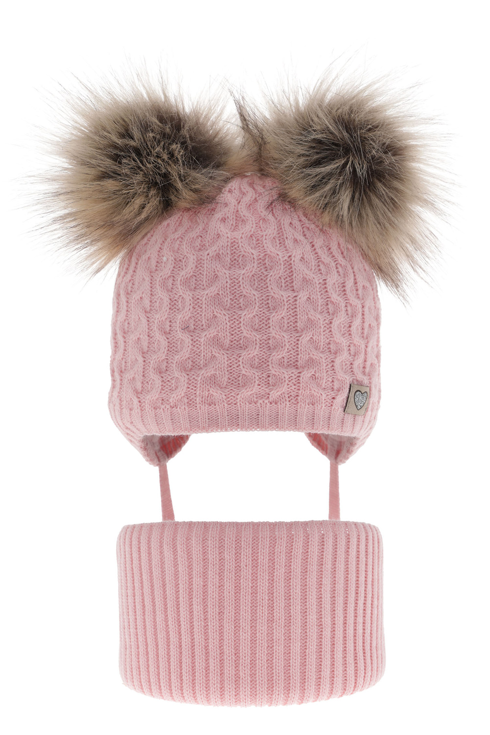 Flicka vinter set: mössa och halsduk, rosa, med två pompommar, knytband, Poliana