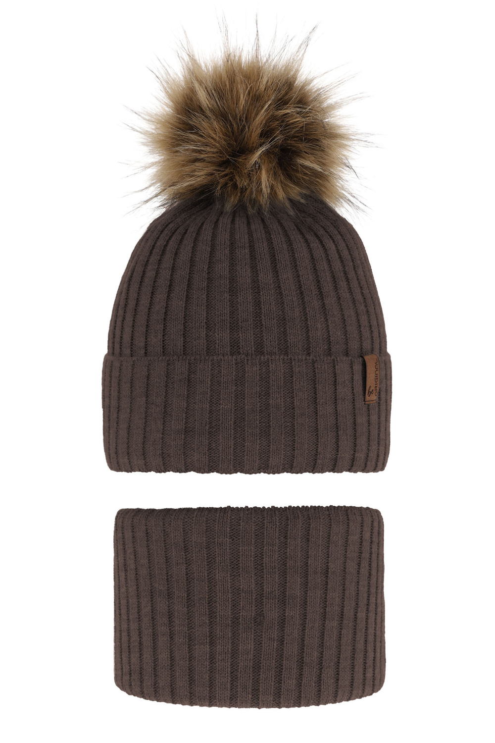 Pojke vinter set: mössa och tubhalsduk, brun, med pompom, Onyks