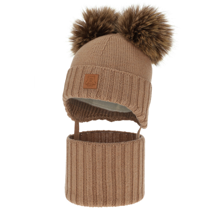 Pojke mössa och tubscarf, vinter set, kamel, 100% merinull, fodrad med ullfleece, Ronik