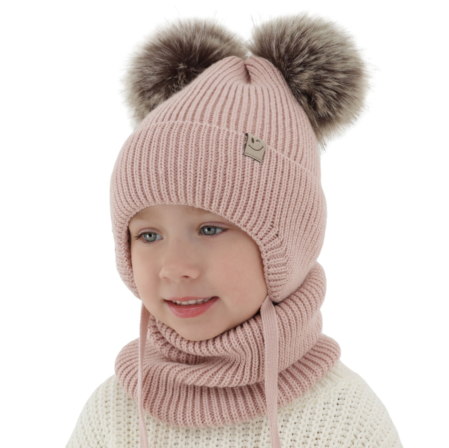 Flicka vinter set: mössa och tubhalsduk, rosa, med två pompommar, med knytband, Zori