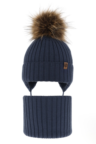 Pojke vinter set: mössa och halsduk, blå, med knytband, 100% Merino Ull, Juno