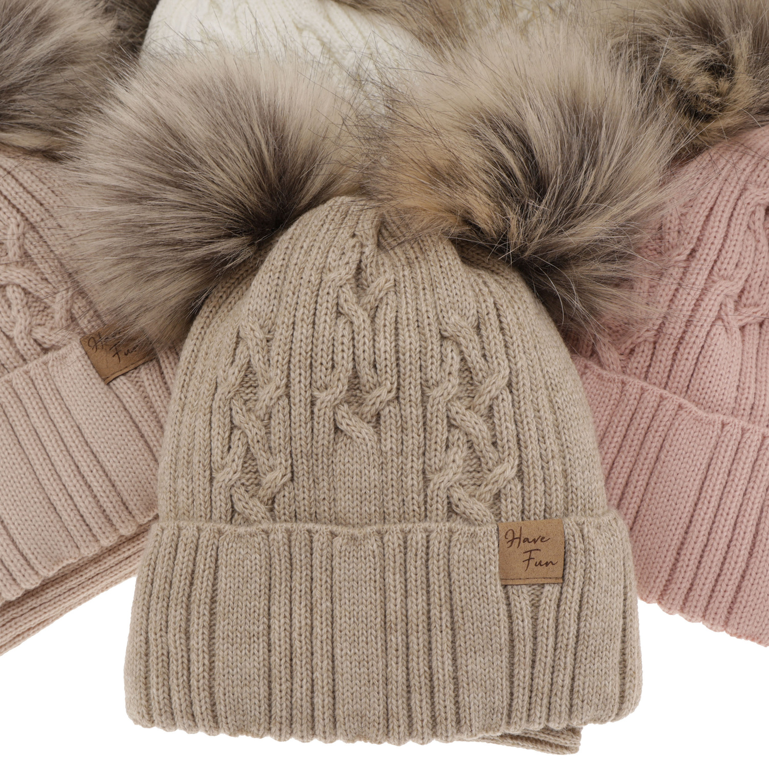Flicka vinter set: mössa och tubhalsduk, beige, med två pompommar, Sierra