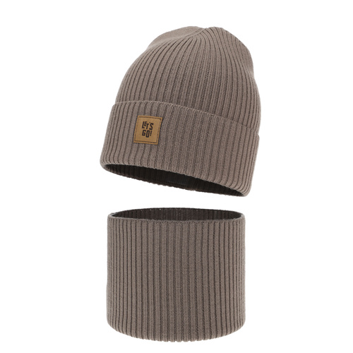 Pojke höst/vår set: mössa och halsduk, brun, 100% Merino Ull, Vanto