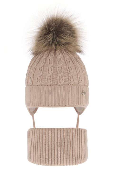 Flicka vinter set: mössa och tubhalsduk, beige, med pompom, Tukana