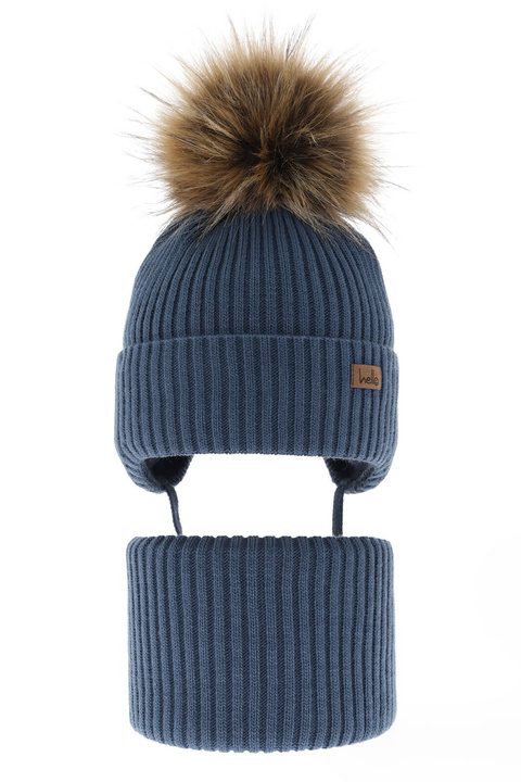 Pojke vinter set: mössa och halsduk, blå, med pompom, Bergo