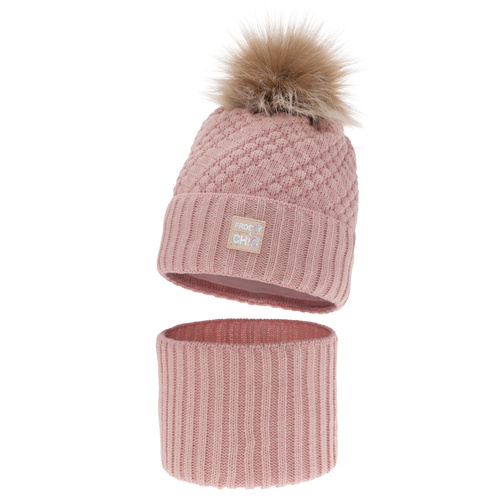 Flicka vinter set: mössa och tubhalsduk, rosa, med pompom, Alena