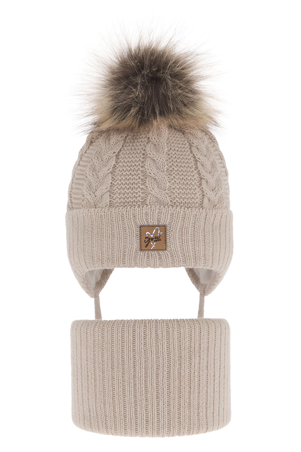 Flicka vinter set: mössa och halsduk, beige, med pompom, Finess