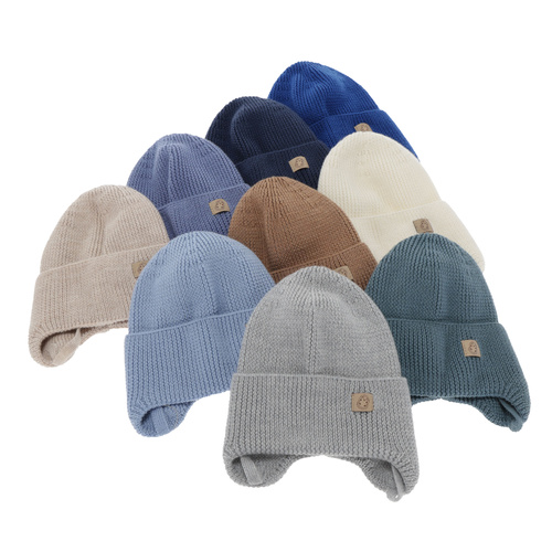 Pojke vinter/höst mössa, blå, 100% Merino Ull, med knytband, Bakadi