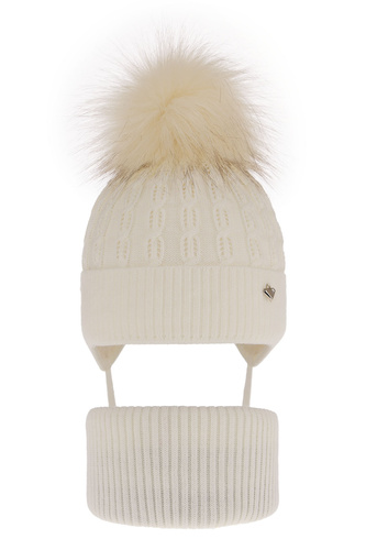 Flicka vinter set: mössa och tubhalsduk, kremfärgad, med pompom, Tukana