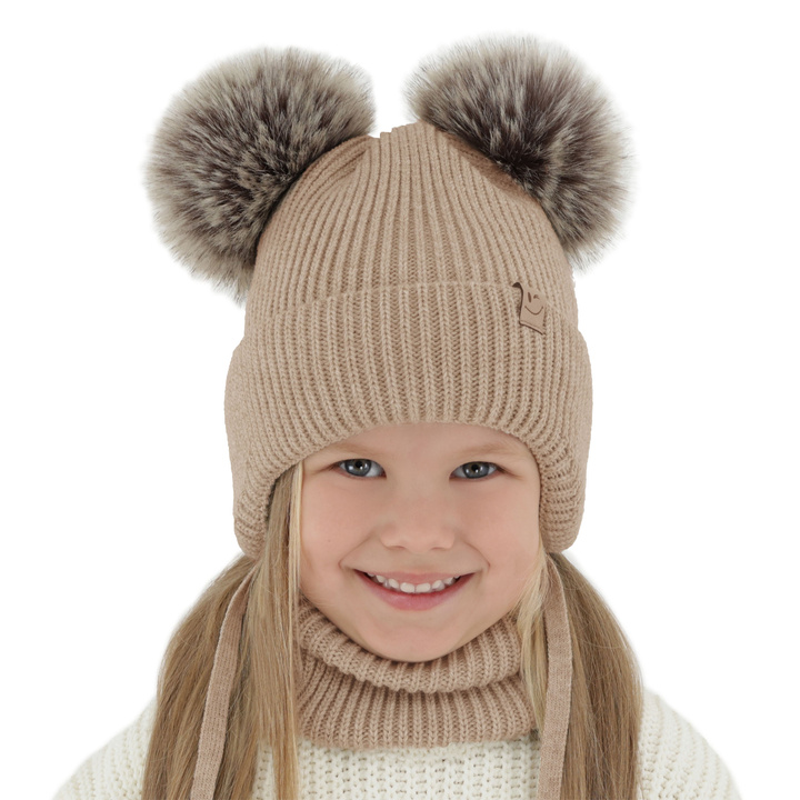Flicka vinter set: mössa och tubhalsduk, beige, med två pompommar, med knytband, Zori