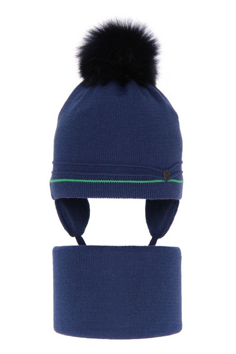 Pojke vinter set: mössa och tubhalsduk, blå, med knytband, med pompom, Burgund