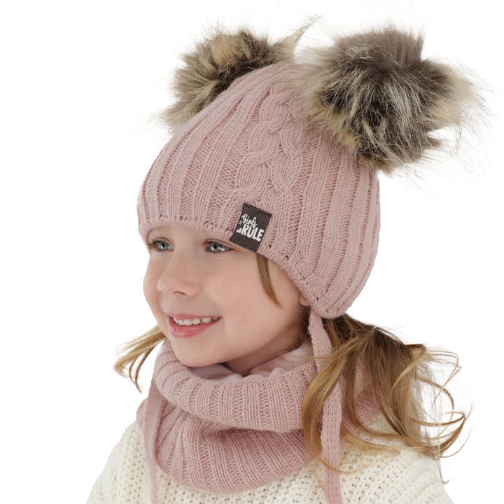 Flicka vinter set: mössa och tubhalsduk, rosa, med två pompommar, knytband, Marlen
